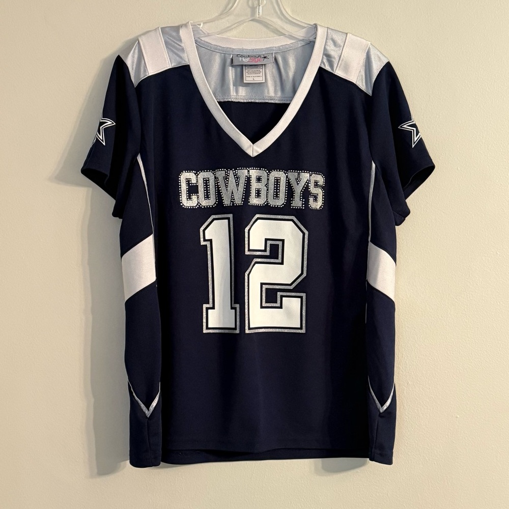 Dallas Cowboys Juniors Size L Navy and White #12 Jersey Top Rhinestones